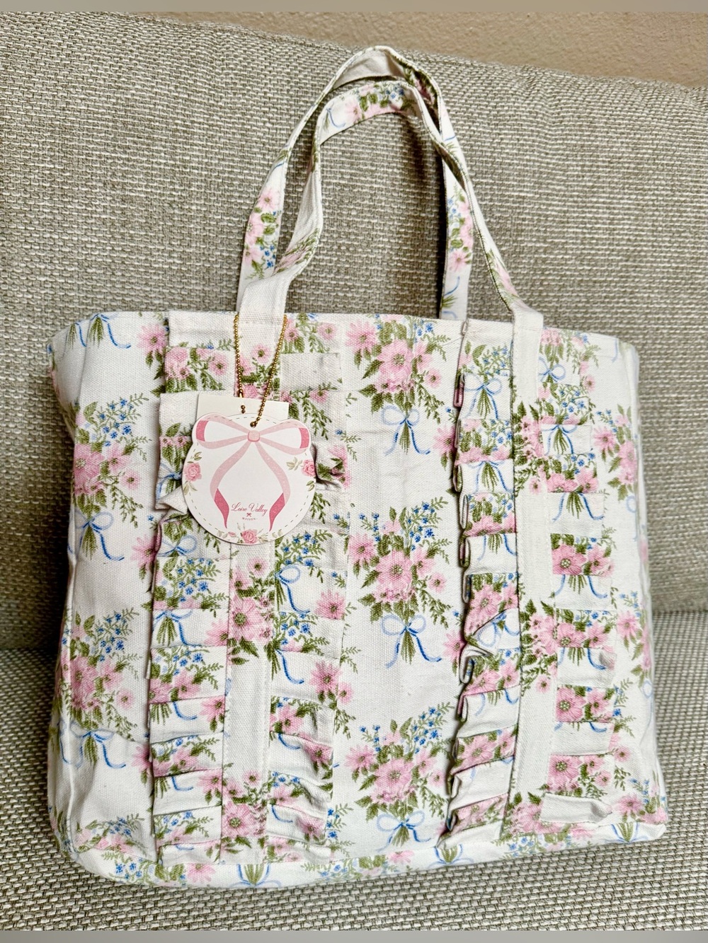 Ruffle 🌸 Floral Canvas Tote Bag Shoulder Bag Ivory Pink Blue Bookish sealed NWT - Picture 8 of 9